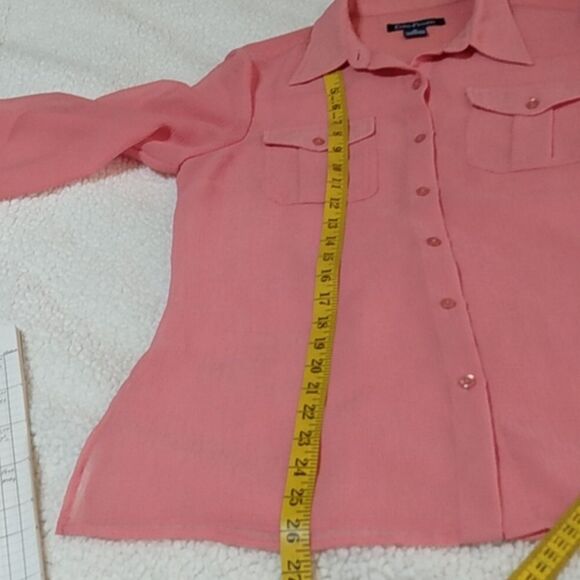 Evan-Picone Sheer Peach Button-Up Blouse w/ Roll Tab Sleeves - Picture 7 of 12